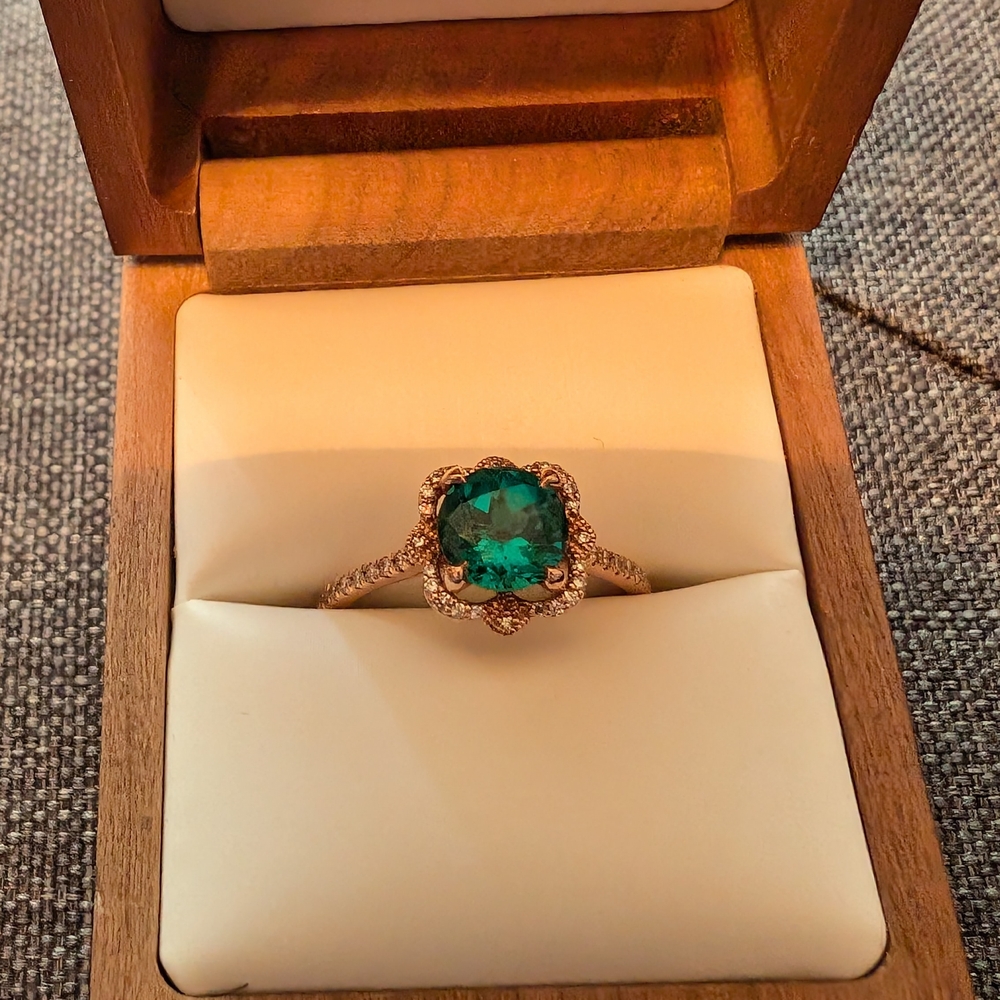 14K Rose Gold Ring w/ lab created diamond halo & lab created emerald, size 9